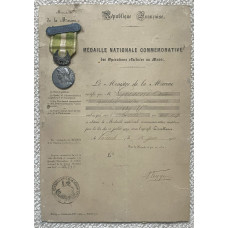 1909 Morocco Campaign Medal with Casablanca bar and award certificate to a naval quartermaster